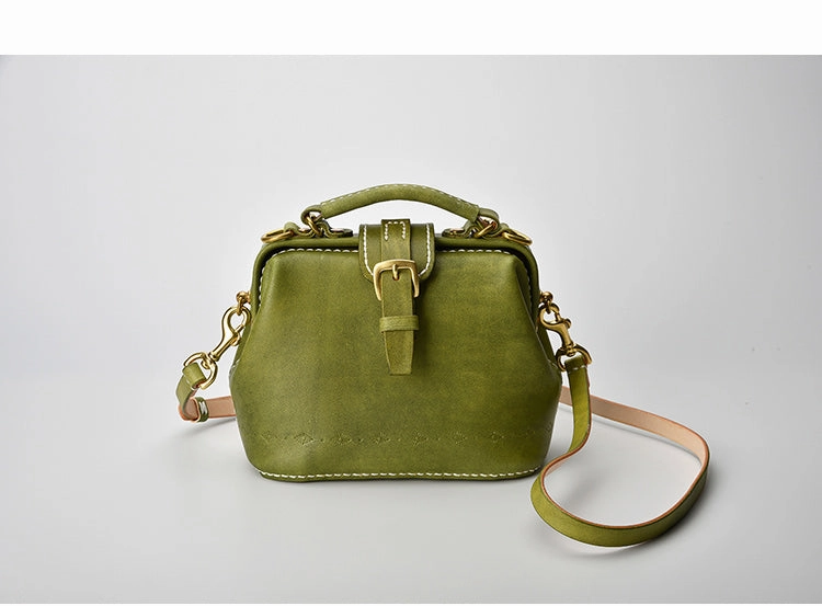 Travel Ready Handmade Womens Green Leather Small doctor Purse Green shoulder doctor bags for women