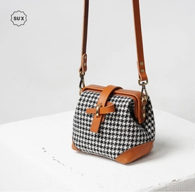 Handmade Womens Leather Tweed Doctor Handbag Small Side Purses Doctor Purse for Women Casual Look Modern Classic