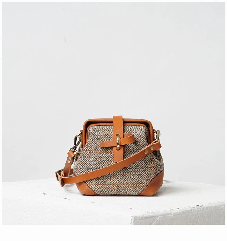 Global Trend Handmade Womens Leather Tweed Doctor Handbag Small Side Purses Doctor Purse for Women