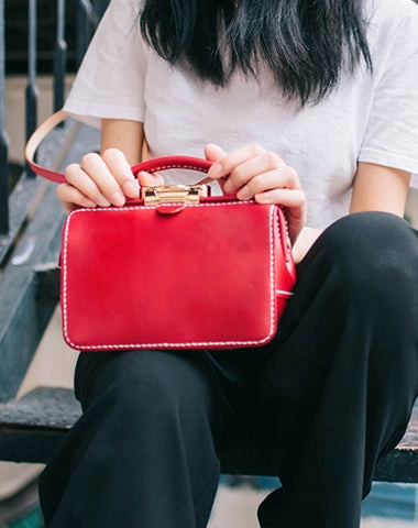 Handmade Womens Red Leather Doctor Handbag Purse Small Side Bag Doctor Bags for Women Outdoor Activity Smart Street