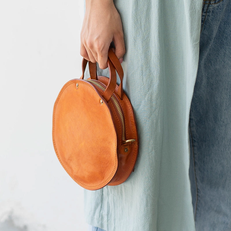 Handmade Womens Tan Leather Round Handbag Purses Tan Round Shoulder Bag Crossbody Purse for Women Timeless Design Crossbody Style