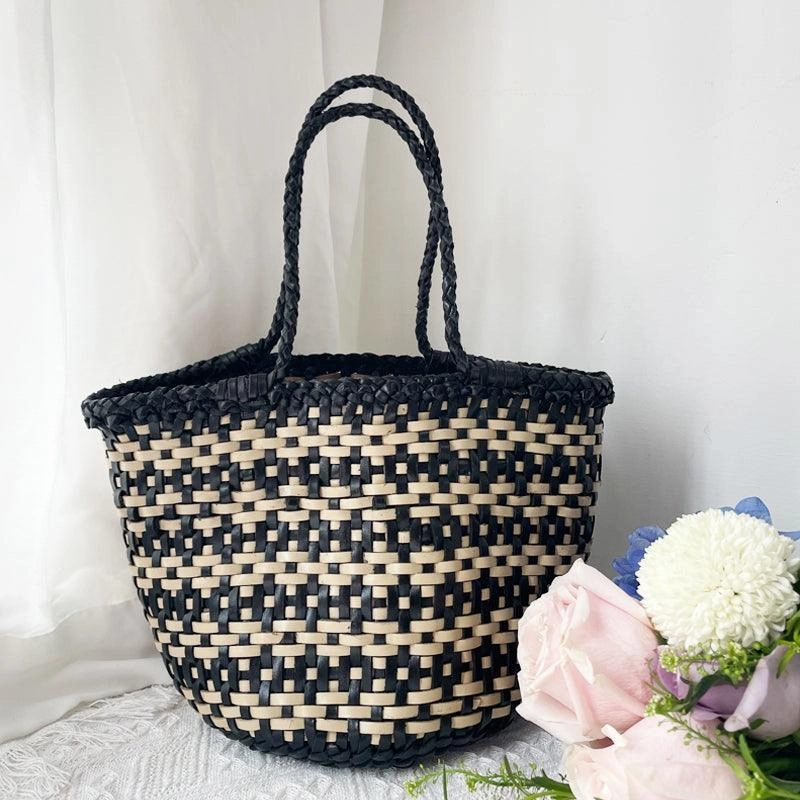 Functional Urban Bag Comfort Wear Style Handwoven Cowhide Leather Bucket Bag, Vintage Two-tone Woven Cowhide Handbag, French-Style Basket Bag, Handmade Shoulder Bag for Women