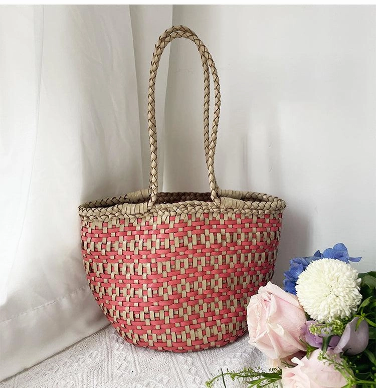 Handwoven Cowhide Leather Bucket Bag, Vintage Two-tone Woven Cowhide Handbag, French-Style Basket Bag, Handmade Shoulder Bag for Women Refined Aesthetic