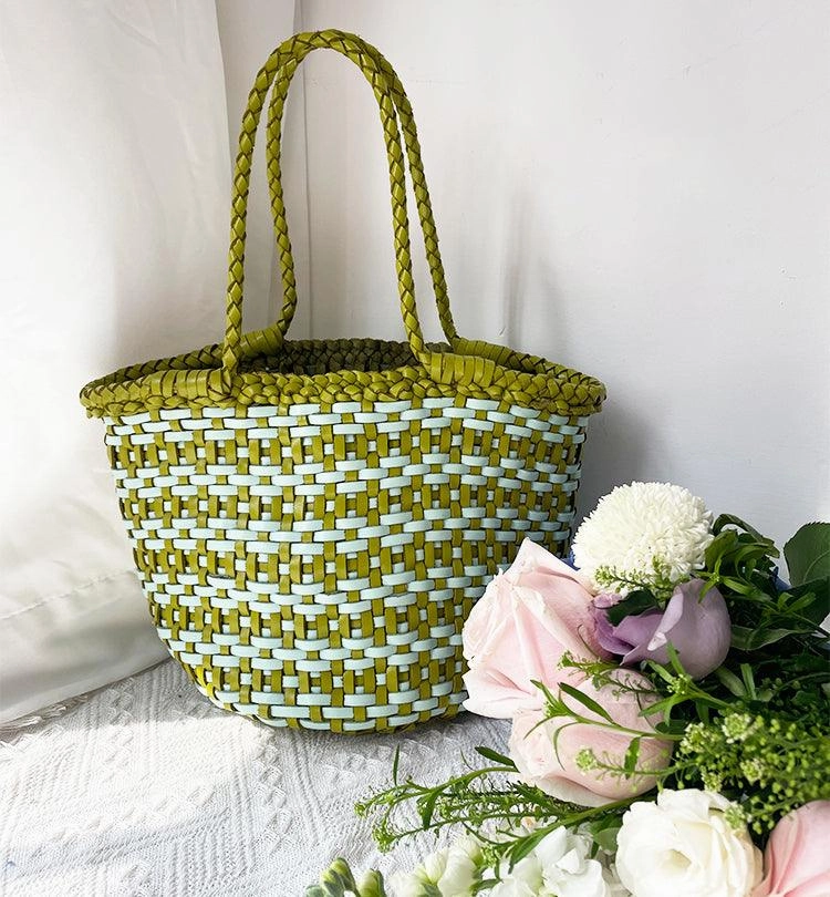 Seasonal Essential Handwoven Cowhide Leather Bucket Bag, Vintage Two-tone Woven Cowhide Handbag, French-Style Basket Bag, Handmade Shoulder Bag for Women