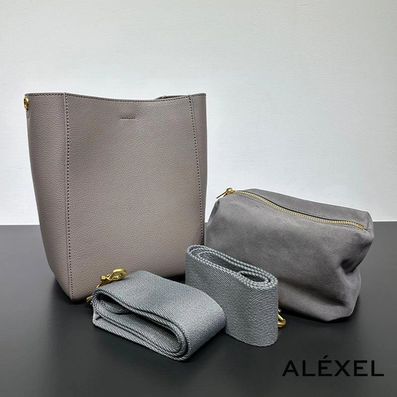 Compact Storage Extra Large Genuine Leather Bucket Bag, Minimalist Classic Leather Tote Bag, Fashion Designer Shoulder Bag Wide Strap, Gift For Her