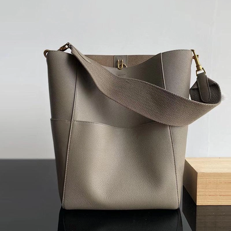 Extra Large Genuine Leather Bucket Bag, Minimalist Classic Leather Tote Bag, Fashion Designer Shoulder Bag Wide Strap, Gift For Her Sleek Everyday Style Fashion Forward