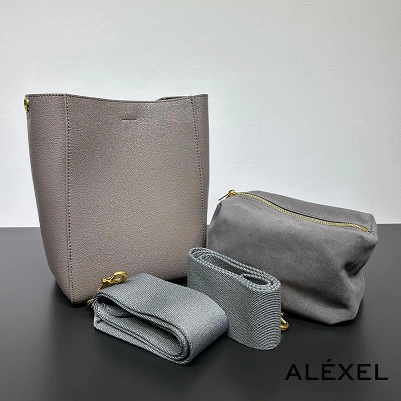 Simple Modern Design Minimalist Design Extra Large Genuine Leather Bucket Bag, Minimalist Classic Leather Tote Bag, Fashion Designer Shoulder Bag Wide Strap, Gift For Her