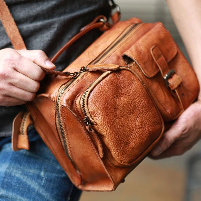 Vintage Brown Leather Mens Messenger Bag Handbag Shoulder Bag for men Compact Shape Workday Function