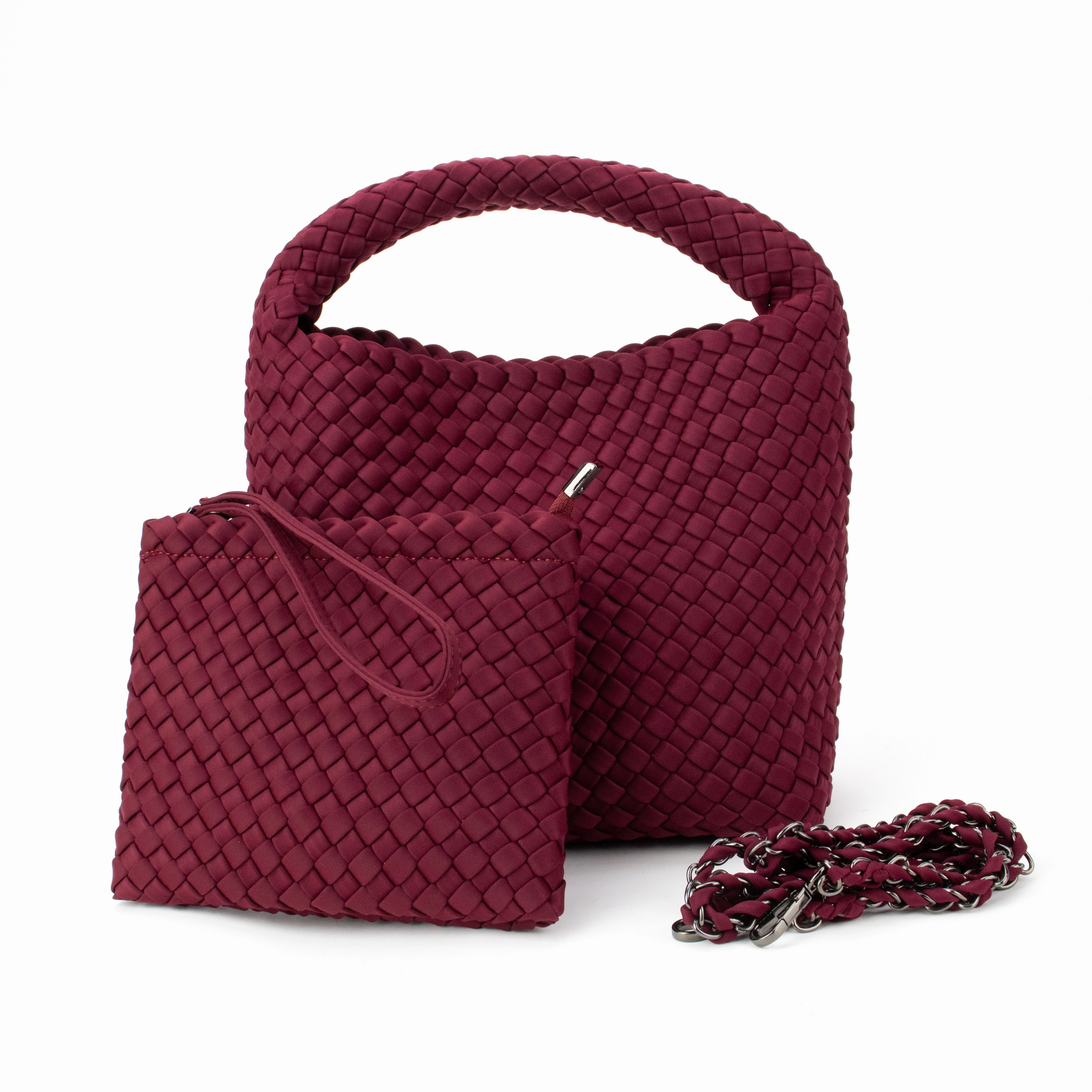 Shelly Woven Bucket Bag Burgundy Smart Functional Look Refined Aesthetic