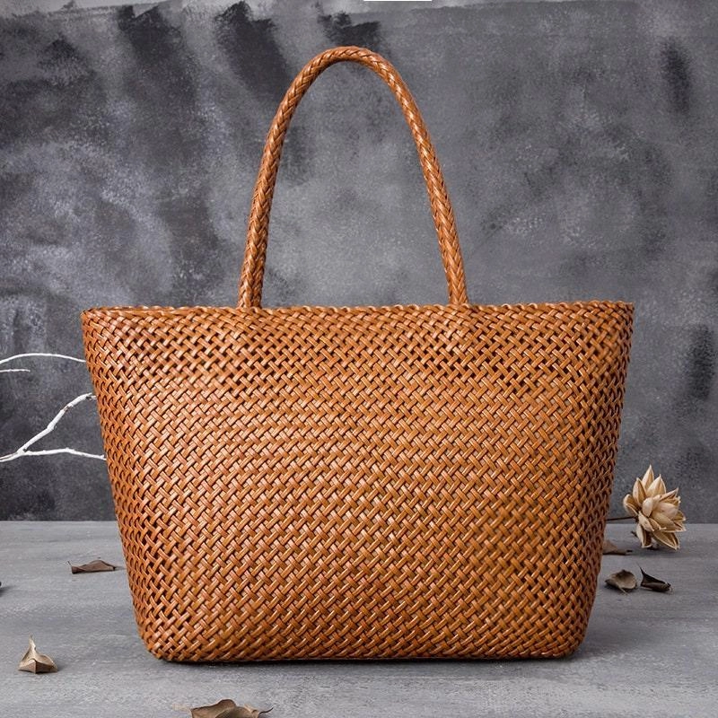 Plane Boarding Large Genuine Leather Tote Bag, Woven Leather Handbag, Handwoven Triple Jump Bamboo Style Ladies Hobo Beach Bag, Weekend Shopping Bag