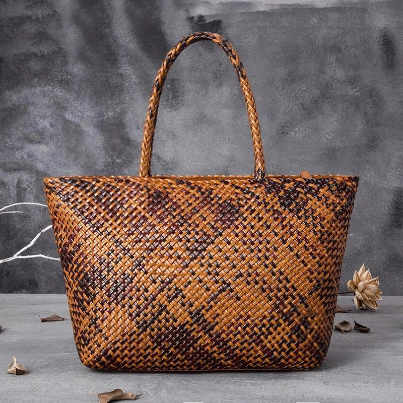 Large Genuine Leather Tote Bag, Woven Leather Handbag, Handwoven Triple Jump Bamboo Style Ladies Hobo Beach Bag, Weekend Shopping Bag Classic Frame