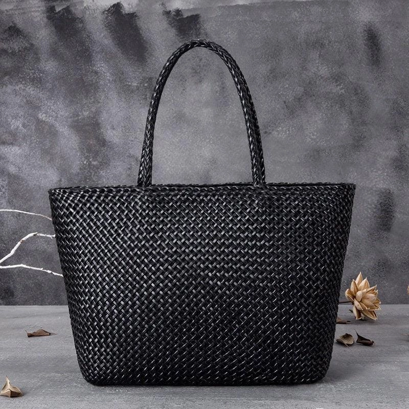 Secure Zippered Compartments Secure Hold Large Genuine Leather Tote Bag, Woven Leather Handbag, Handwoven Triple Jump Bamboo Style Ladies Hobo Beach Bag, Weekend Shopping Bag