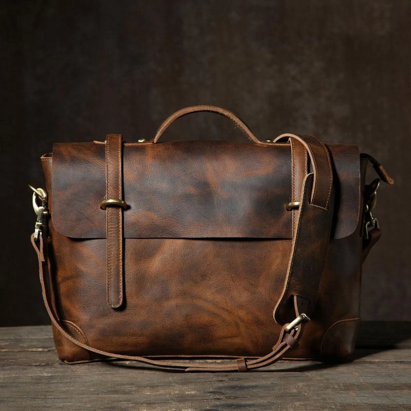 Handmade Leather Mens Cool Messenger Bag Briefcase Work Bag Business Bag Laptop Bag for men Lightweight Travel Simple Utility