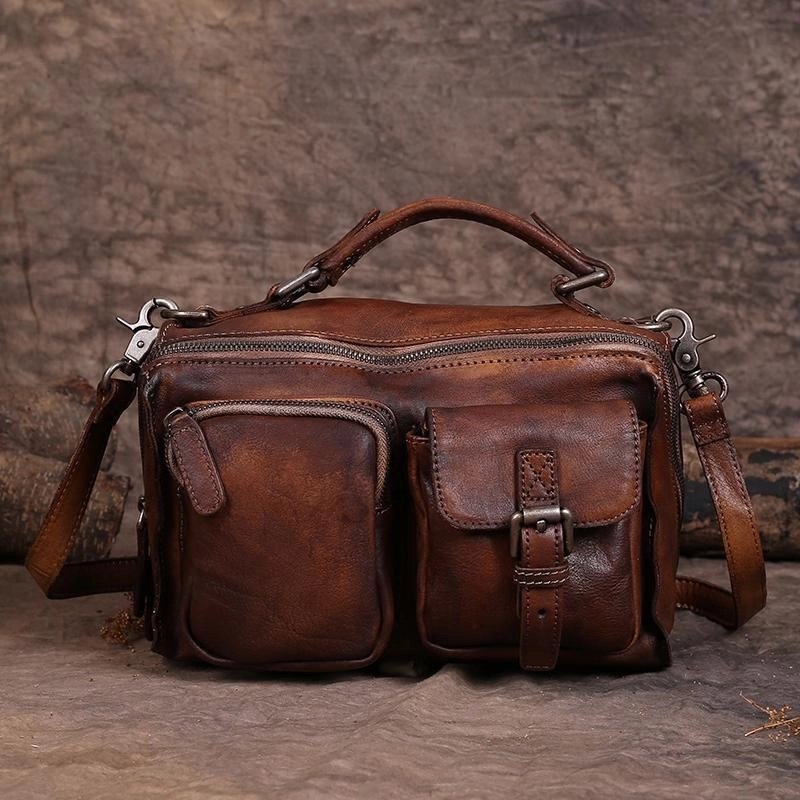 Vintage WOmens Leather Small Satchel Shoulder Bag Brown Womens Leather Handbag for Ladies Workwear Style