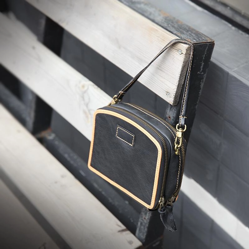 Handmade Women's Black Leather Shoulder Clutch Purse Handbag Crossbody Bag Clutch Purse Sustainable Design Recycled Leather