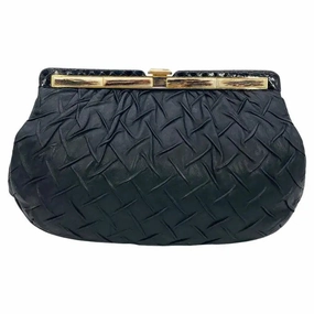 Judith Leiber Black Pleated Leather Resin Bone Top Clutch Fine Weave