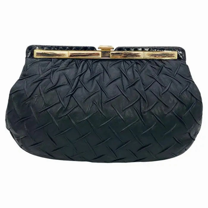 Judith Leiber Black Pleated Leather Resin Bone Top Clutch Fine Weave