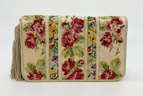 Vintage Judith Leiber Silk Floral Crystal Embroidered Tassel Clutch Seasonal Favorite Timeless Detailing
