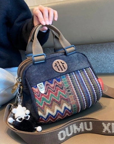 Black Gray Canvas Embroidery Handbag Shoulder Bag Women Canvas Boho Crossbody Bag Functional Look