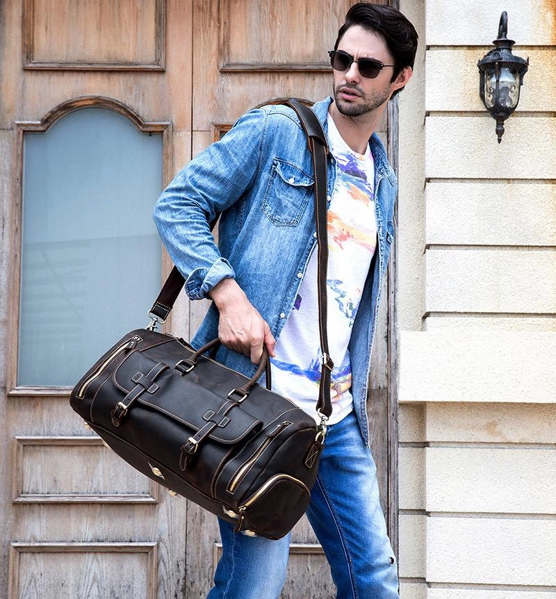 Long-Lasting Wear Cool Brown Leather Men's Overnight Bag Travel Bag Luggage Weekender Bag For Men