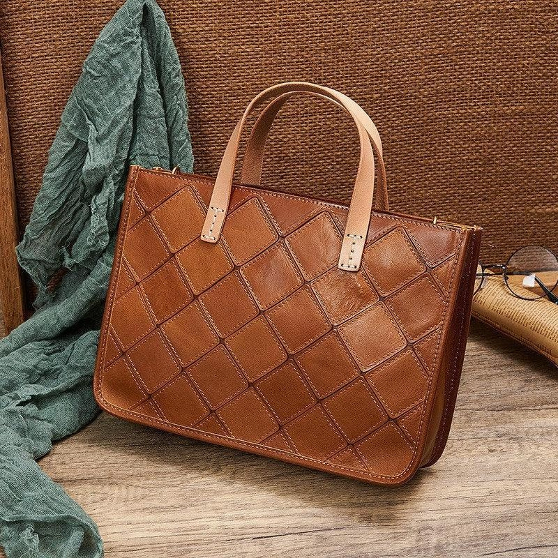 Italy Cowhide Leather Handbag Handcrafted, Brown Leather Shoulder Bag, Leather Crossbody Bag, Diamond Pattern Bag, Gift For Her/Him Convenient for busy people who need quick and easy access to their items Chic Urban Outfit