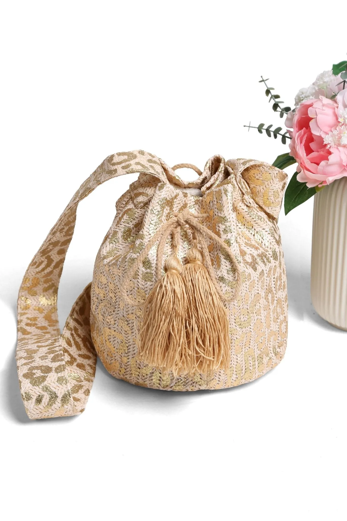 Simple Everyday Fashion Durable Travel Piece JBG221 Metallic Foil Leopard Straw Crossbody Bucket Bag