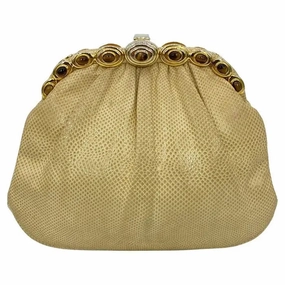 Timeless Luxury Judith Leiber Beige Lizard Tiger Eye Gemstone Clutch