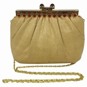 Judith Leiber Beige Lizard Tiger Eye Gemstone Top Clutch Fine Weave