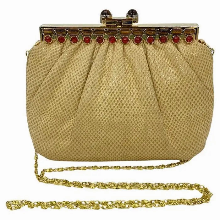 Judith Leiber Beige Lizard Tiger Eye Gemstone Top Clutch Fine Weave