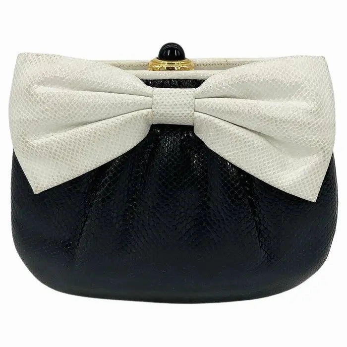 Luxury Aesthetic Judith Leiber Black and White Lizard Bow Front Clutch
