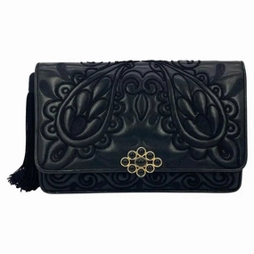 Warm Hue Judith Leiber Black Embroidered Leather Tassel Clutch