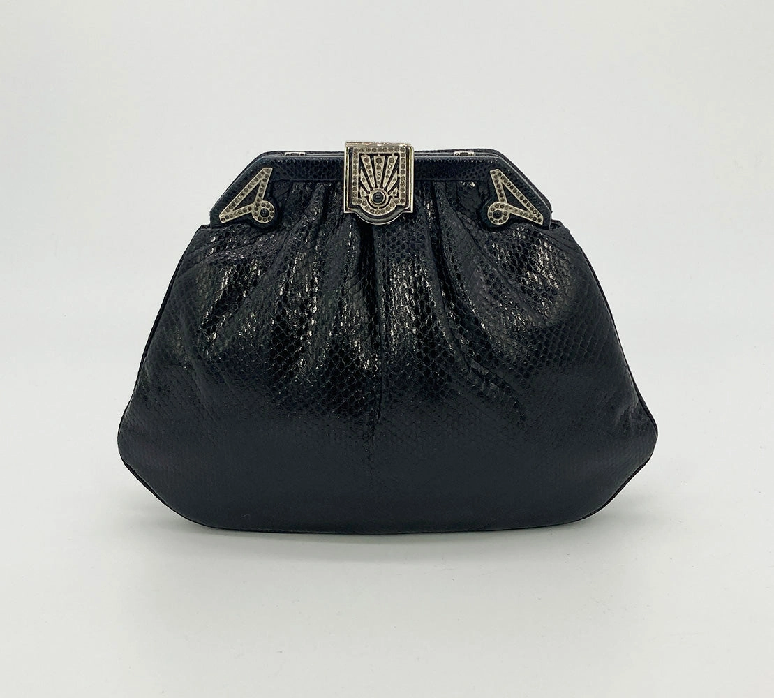 Judith Leiber Black Lizard Art Deco Crystal Top Clutch Metal Detail Holiday Present