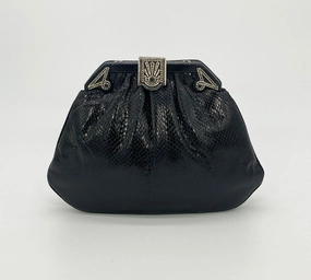 Judith Leiber Black Lizard Art Deco Crystal Top Clutch Metal Detail Holiday Present