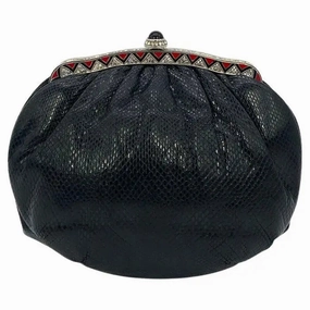 Street Style Refined Texture Judith Leiber Black Lizard Clutch with Red Enamel Crystal Top