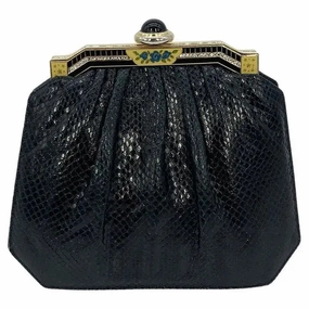 Judith Leiber Black Lizard Enamel Top Clutch Elegant Edge