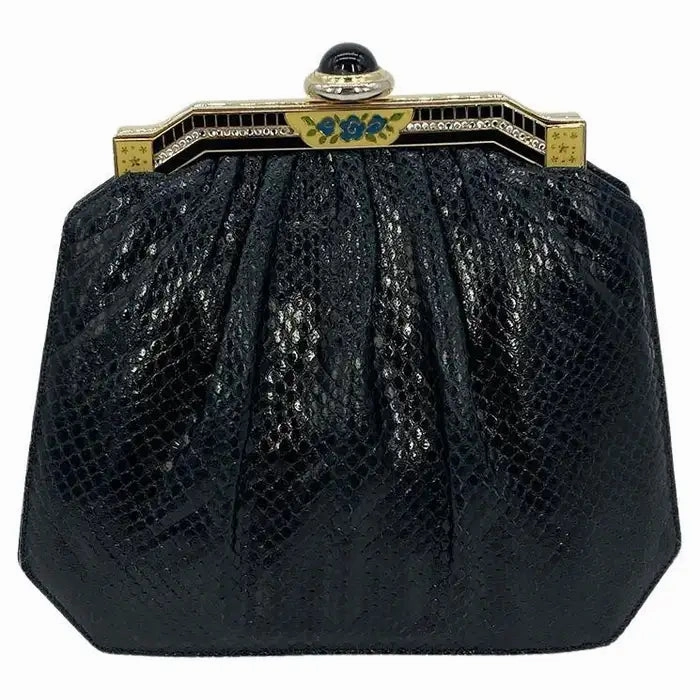 Judith Leiber Black Lizard Enamel Top Clutch Elegant Edge
