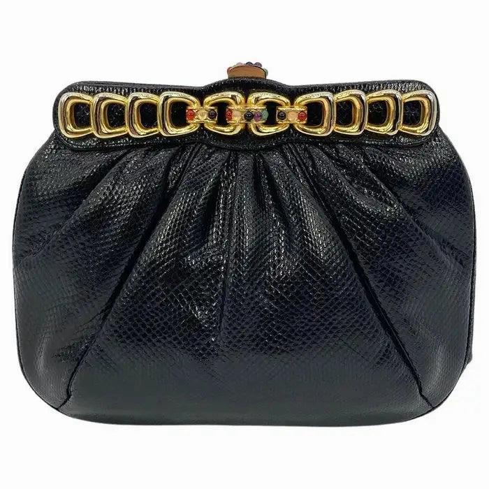 Judith Leiber Black Lizard Gold Chain Top Gemstone Clutch All Season Chic Outfit