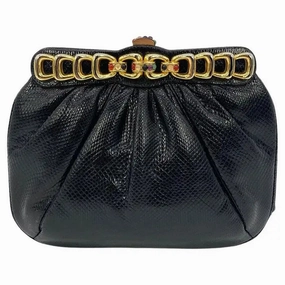 Judith Leiber Black Lizard Gold Chain Top Gemstone Clutch All Season Chic Outfit