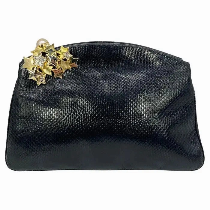 Refined Look Judith Leiber black Lizard Gold Crystal Star Clutch