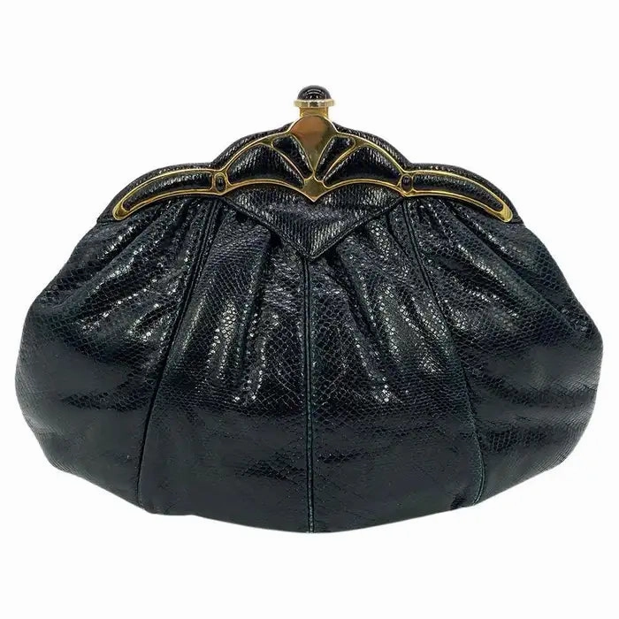 Occasion Ready Judith Leiber Black Lizard Gold Scallop Top Clutch