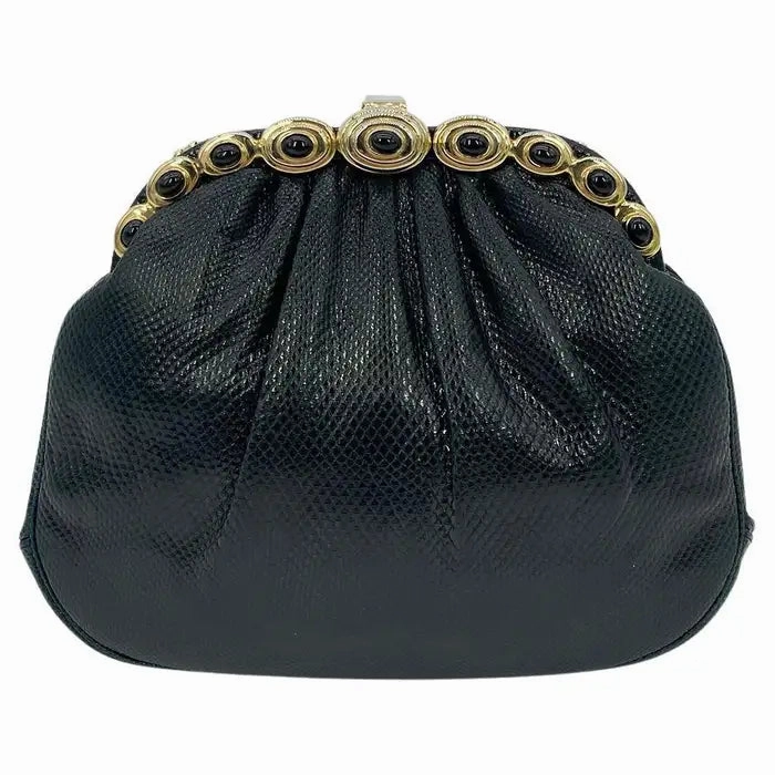 Sophisticated Charm Elegant Simplicity Judith Leiber Black Lizard Gold Top Black Stone Clutch