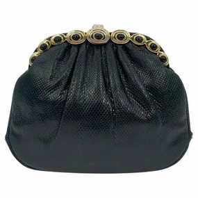Sophisticated Charm Elegant Simplicity Judith Leiber Black Lizard Gold Top Black Stone Clutch