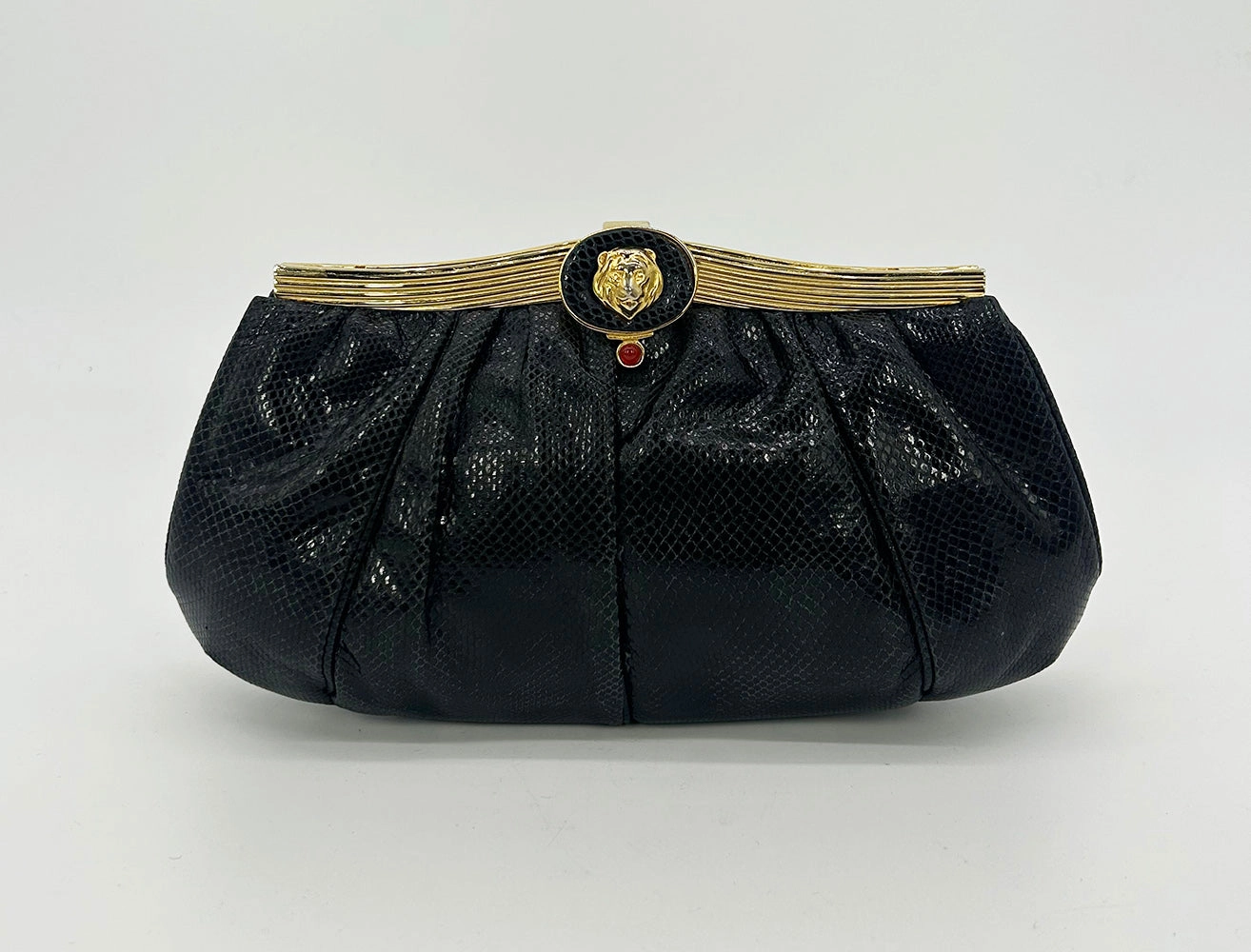 Judith Leiber Black Lizard Lion Head Clutch Refined Style Luxury Essence