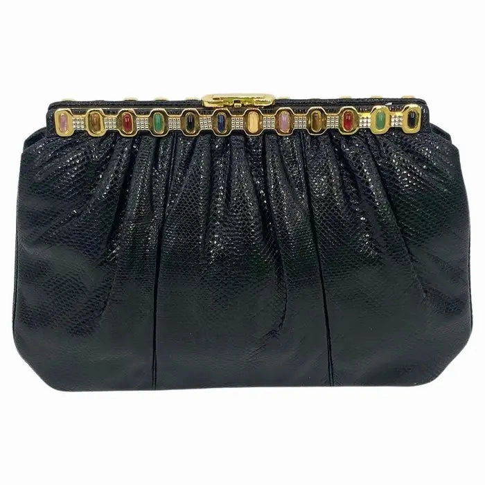 Sophisticated Charm Judith Leiber Black Lizard Multi Color Gemstone Top Clutch
