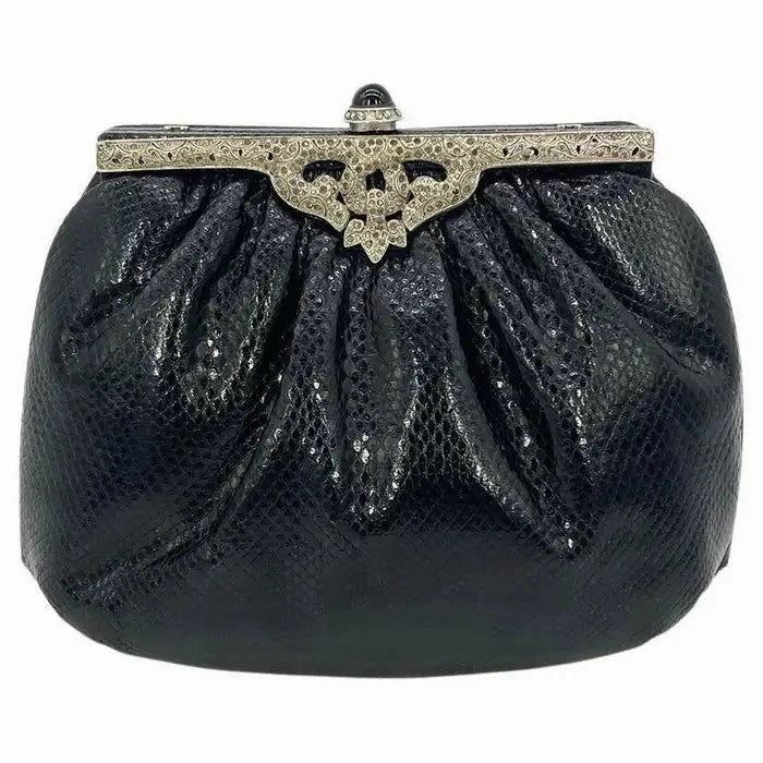 Polished Style Soft Texture Judith Leiber Black Lizard Silver Antique Crystal Top Clutch
