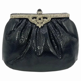 Polished Style Soft Texture Judith Leiber Black Lizard Silver Antique Crystal Top Clutch