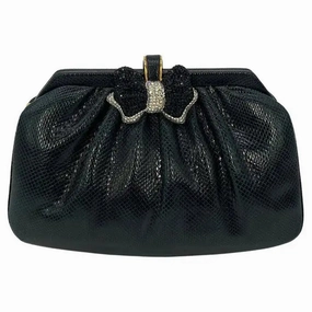 Judith Leiber Black Lizard Swarovski Crystal Bow Top Clutch Modern Minimalism Elegant Fashion
