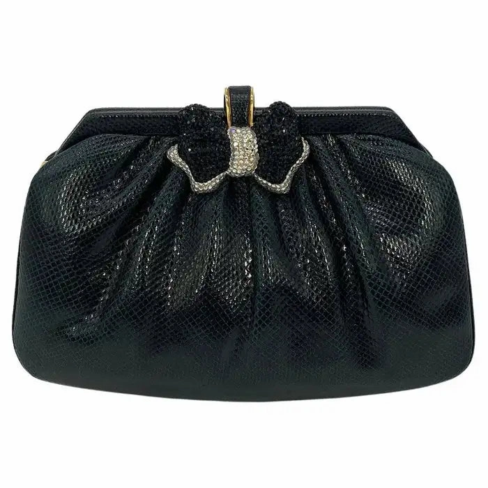 Judith Leiber Black Lizard Swarovski Crystal Bow Top Clutch Modern Minimalism Elegant Fashion