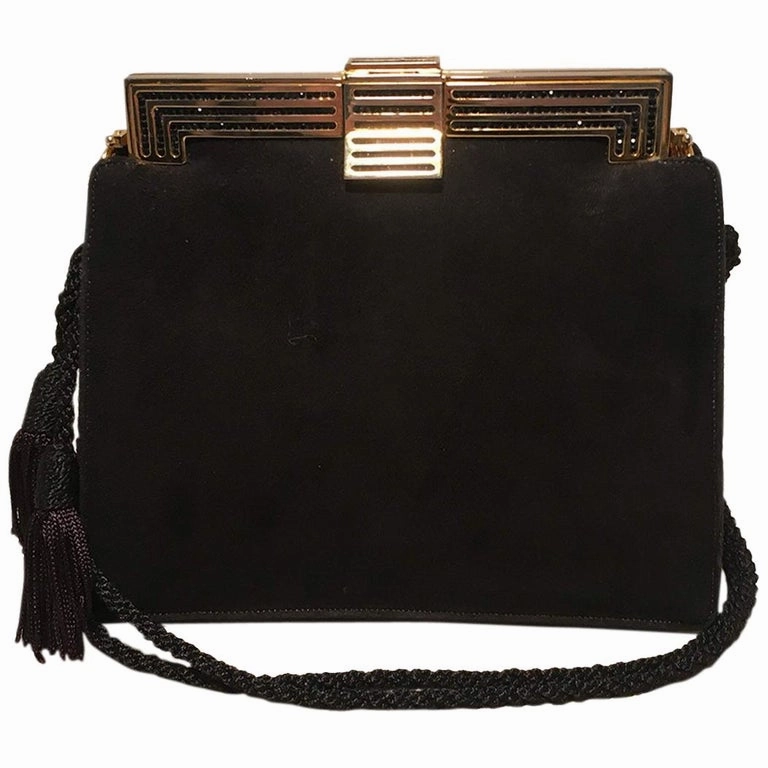 Judith Leiber Black Suede Evening Bag Clutch with Silk Tassel Contemporary Detailing