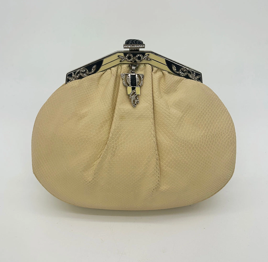 Pastel tone Judith Leiber Cream Matte Lizard Clutch with Enamel Crystal Top